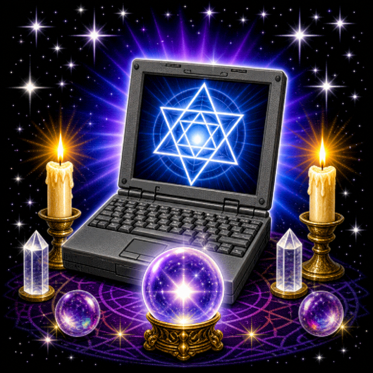 An old laptop receiving a mystical spiritual cleansing